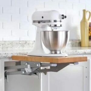 Picture of a kitchen cabinet pull-out table that holds a stand mixer