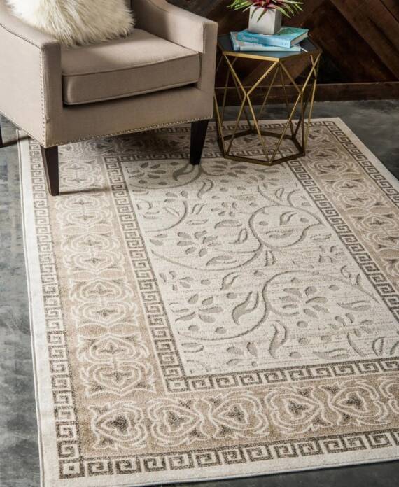 Traditional area rug in neutral colors in a iving area
