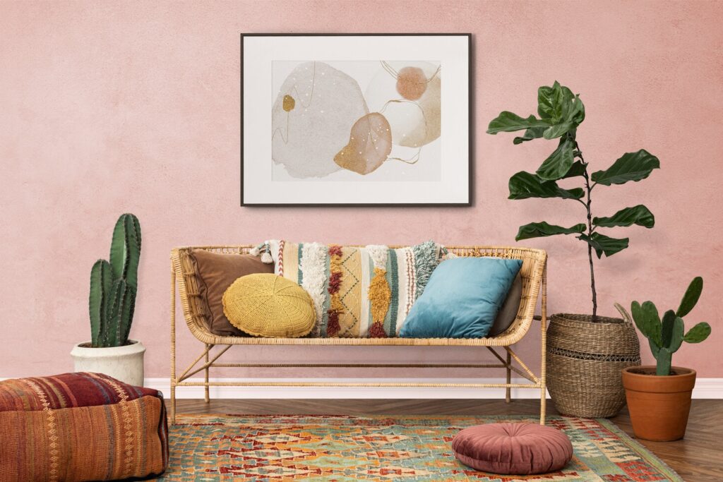 Bohemian style rug in a natural pink living area