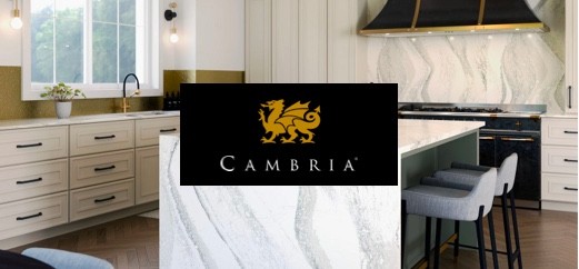 Picture of Cambria surfaces logo on top of a kitchen scene