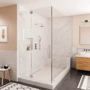Luxury wall in shower with solid surface walls and herringbone tile floor in grey tones