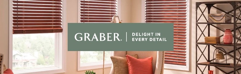 Graber logo on top of a picture of windows with wood blinds