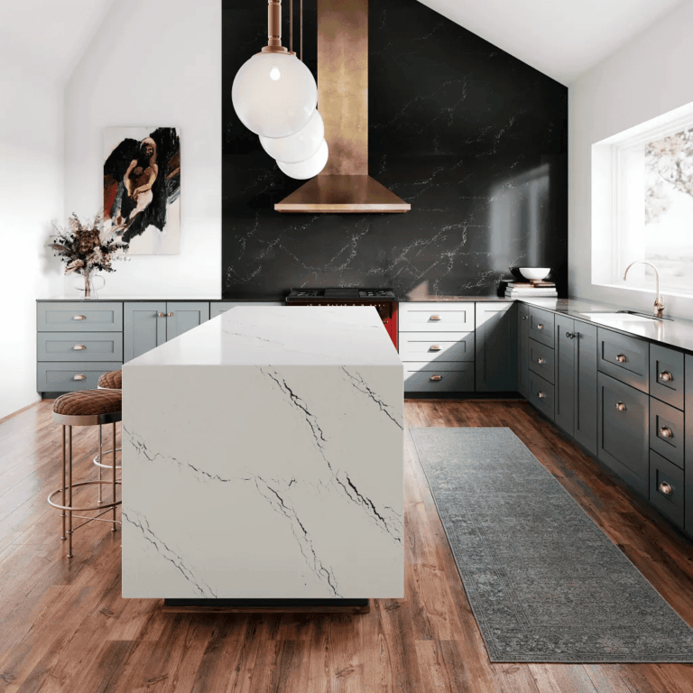 Modern kitchen with waterfall edge kitchen island in white and black