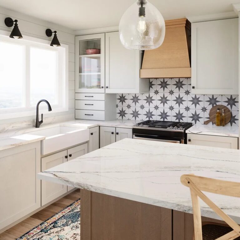 Farm house style kitchen with unique tile backsplash
