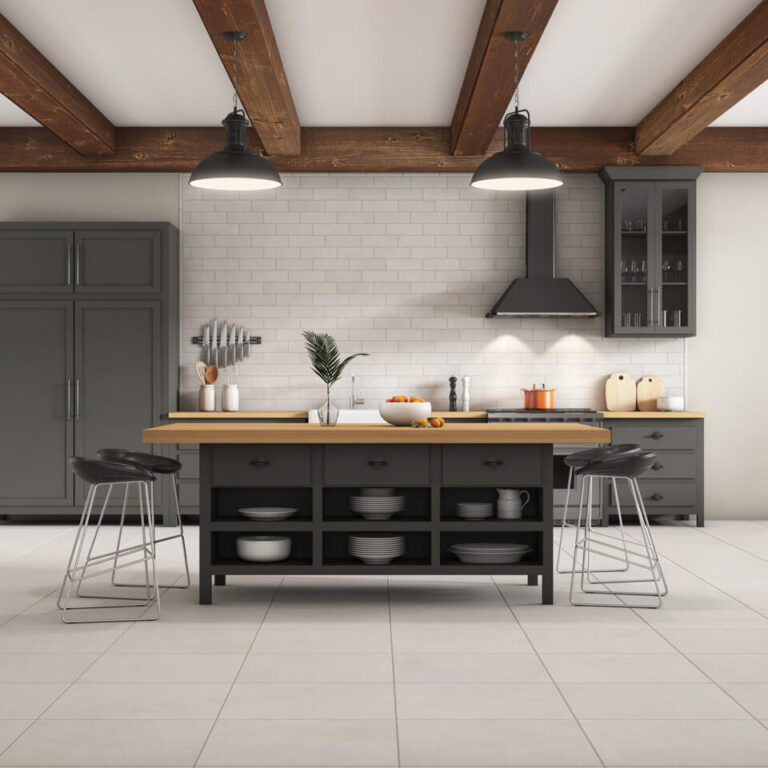 oversized white tile flooring in a minimalist kitchen