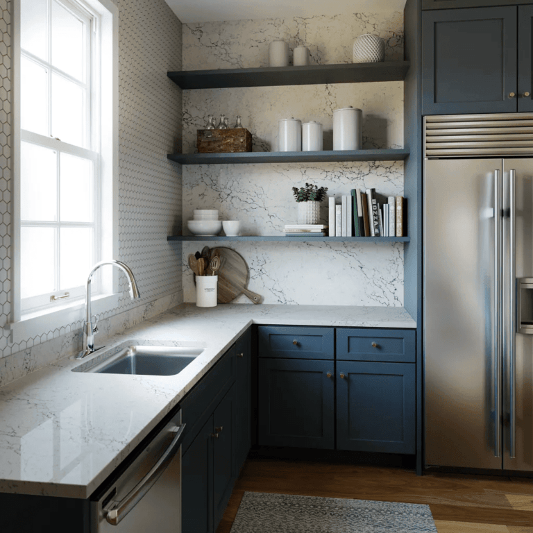 Kitchen with blue cabinets and granite backsplash
