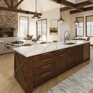 rustic kitchen island in great room with white and black solid surface counter