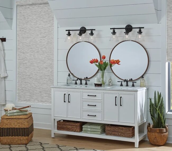 Straw look roller shades in a master bathroom