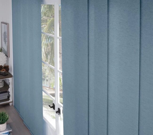 blue fabric vertical sliding shades for a french door