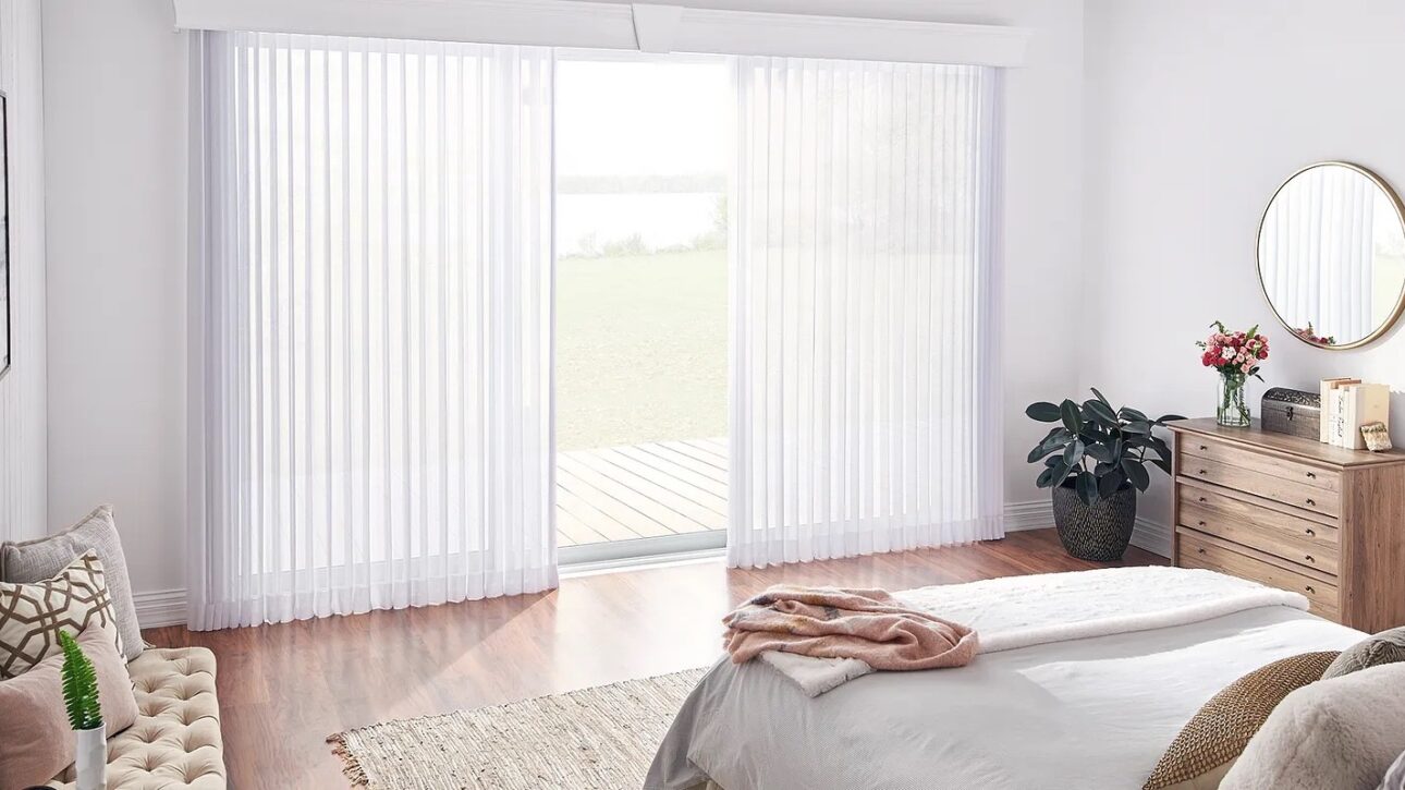 Elegant vertical blinds covering a sliding glass door