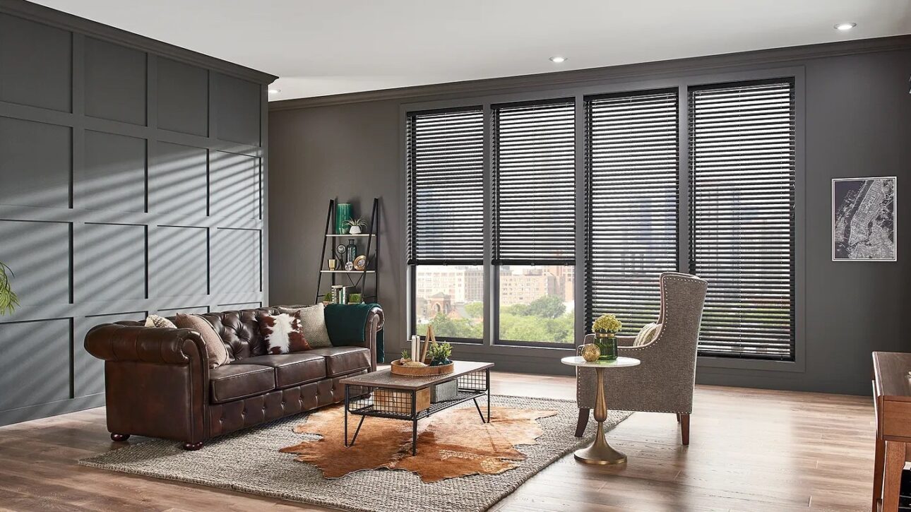 Dark vinyl blinds in a masculine living room