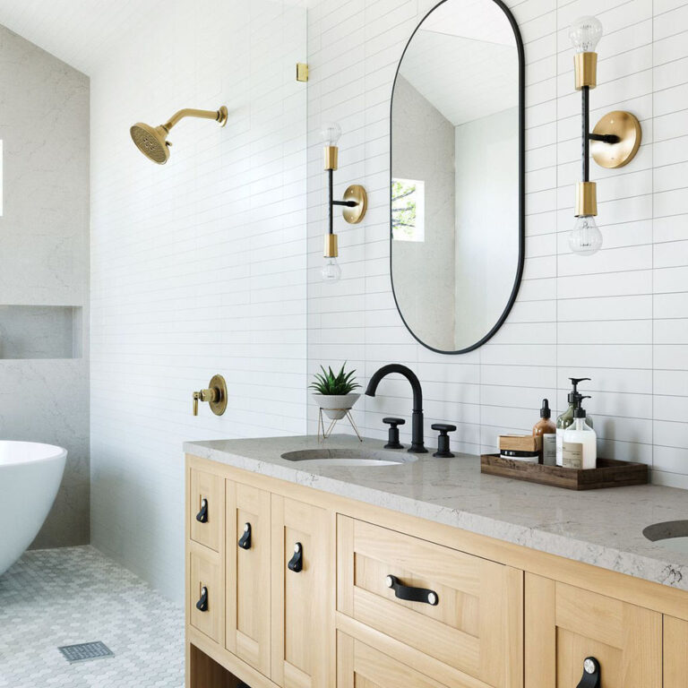 Elegant farmhouse style bathroom with tile walls and flooring