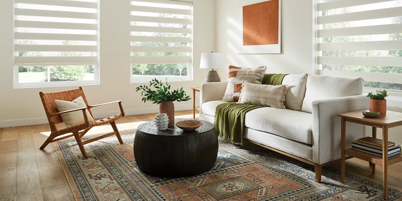 serene casual living room with beautiful white layered shades on the windows