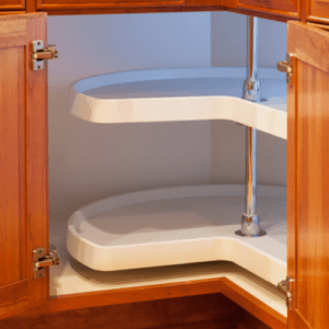 Corner lazy susan in a kitchen cabinet