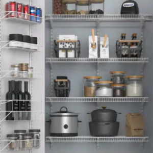 picture of a kitchen pantry with spices and kitchen gear on the shelves